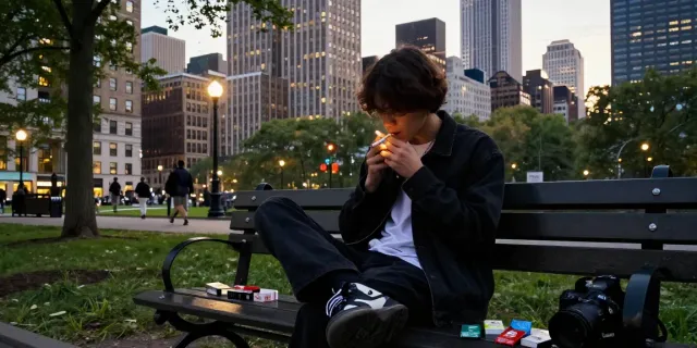 Person enjoying budget cigarette and top smokes Australia in a vibrant urban park.