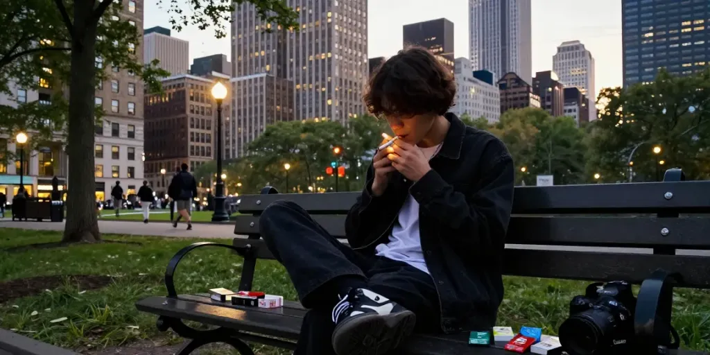 Person enjoying budget cigarette and top smokes Australia in a vibrant urban park.
