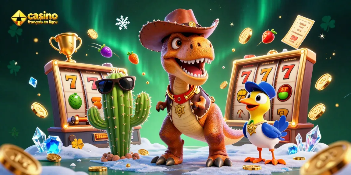Plongez dans l'univers des jeux avec casino français en ligne, un T-Rex cowboy, cactus et roadrunner en action.