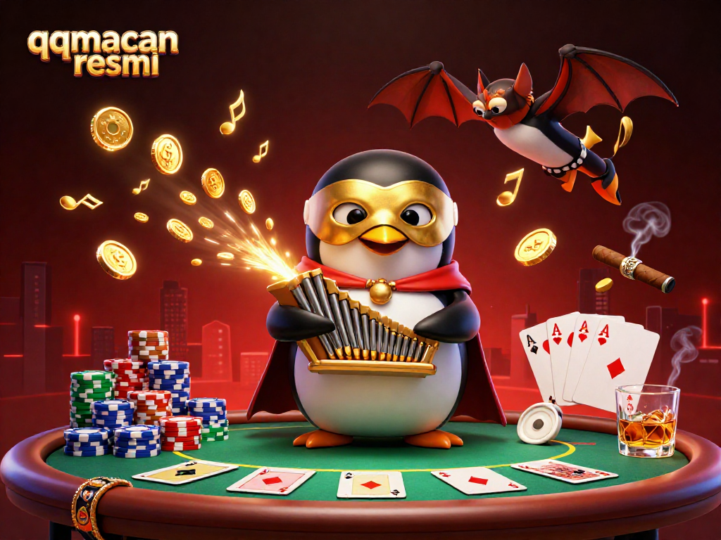 Experience excitement with qqmacan resmi at a vibrant casino scene featuring a phantom penguin and poker elements.