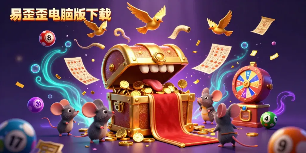 Experience the excitement of 易歪歪电脑版下载 as adventurer mice are drawn to a golden treasure chest amidst vibrant lottery elements.