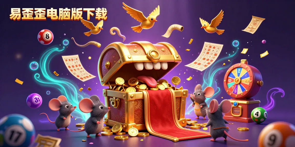 Experience the excitement of 易歪歪电脑版下载 as adventurer mice are drawn to a golden treasure chest amidst vibrant lottery elements.
