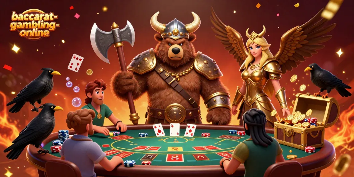 Baccarat-gambling-online scene with a Viking bear and Valkyrie eagle engaged at a vibrant baccarat table, capturing the thrill of the game.