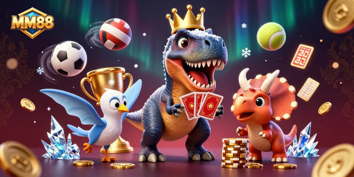 MM88 casino experience with cartoon characters playing cards, gold chips, and sports elements.