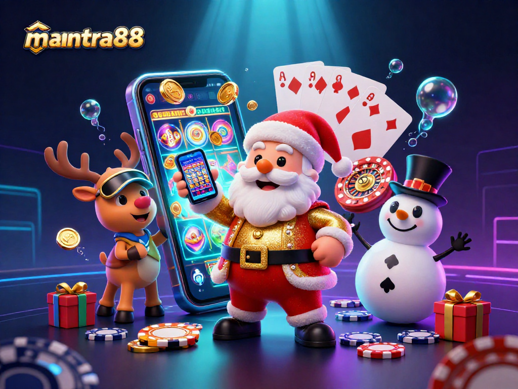 Win big with mantra88's slots and games, featuring Santa with jackpot smartphone and festive companions.