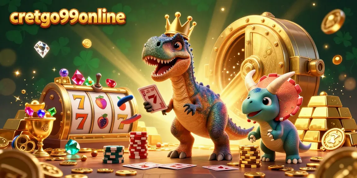 Cretgo99online showcases a vibrant scene of a T-Rex shuffling cards at an online casino, surrounded by gold and slot symbols.