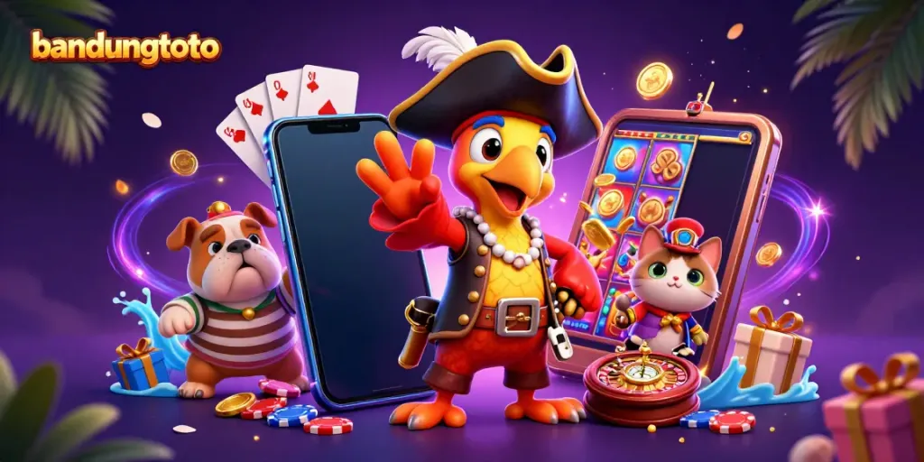 Experience the excitement of bandungtoto with vibrant casino elements in a dynamic 3D scene.