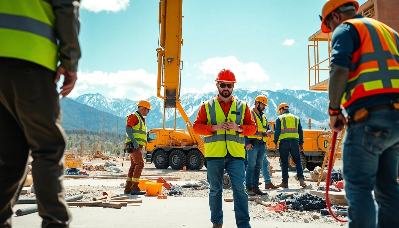 Prevailing wage colorado construction workers collaborating on a project amidst a scenic Colorado landscape.