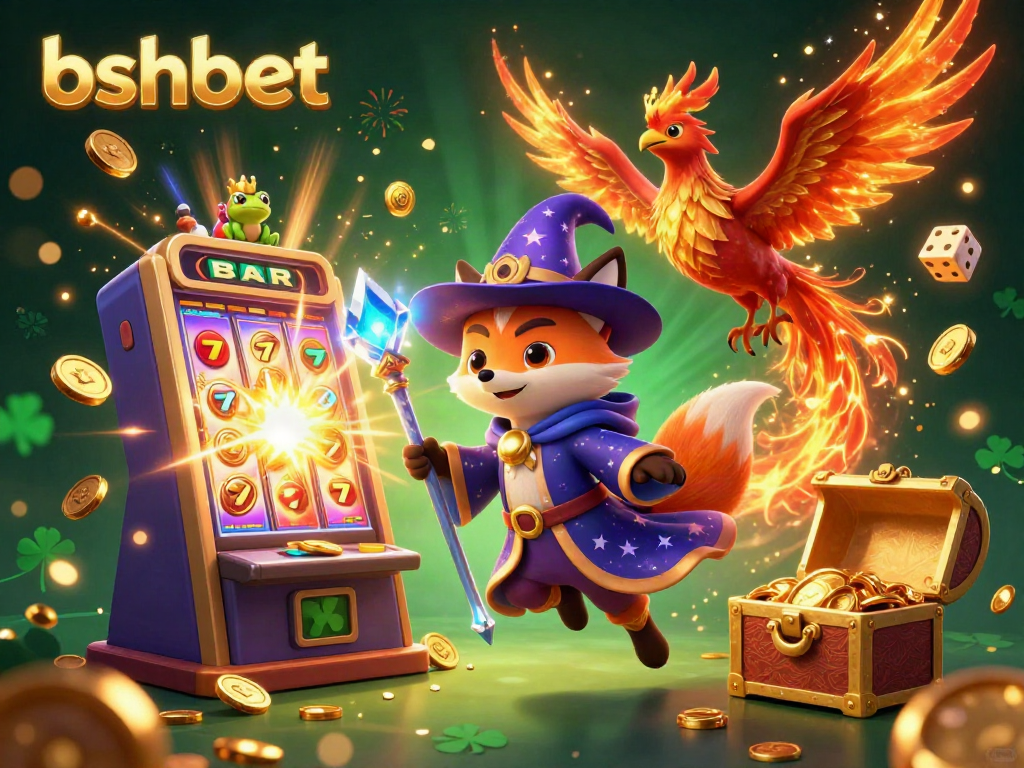 bshbet offers a lively illustration of a wizard fox, phoenix, and a lucky frog in a vibrant casino scene.