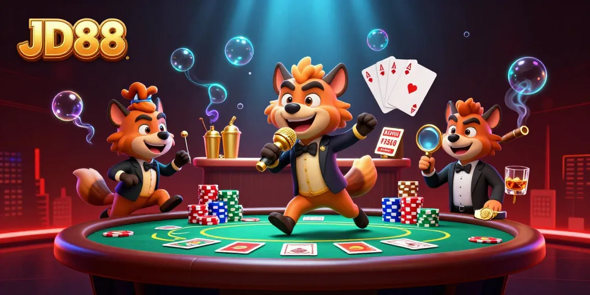 JD88 hyenas comedy casino scene with poker elements and vibrant 3D details