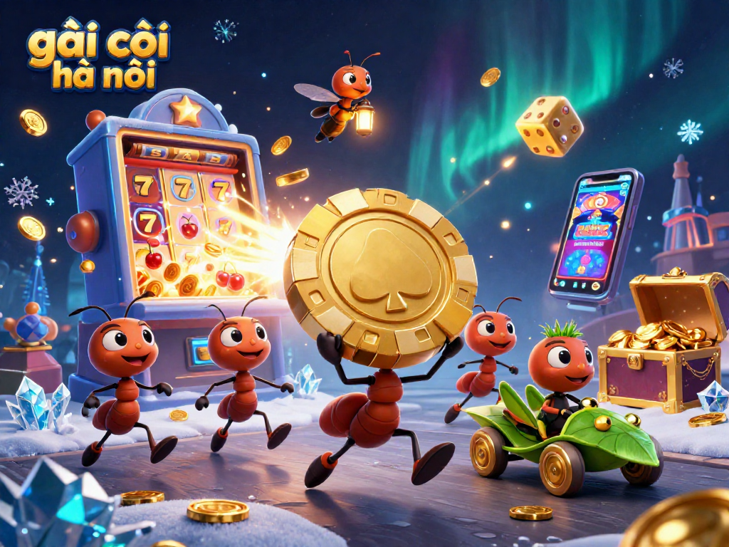 Engaging scene of 3D cartoon ants with a golden poker chip, representing gái gọi hà nội in a dynamic casino setting.