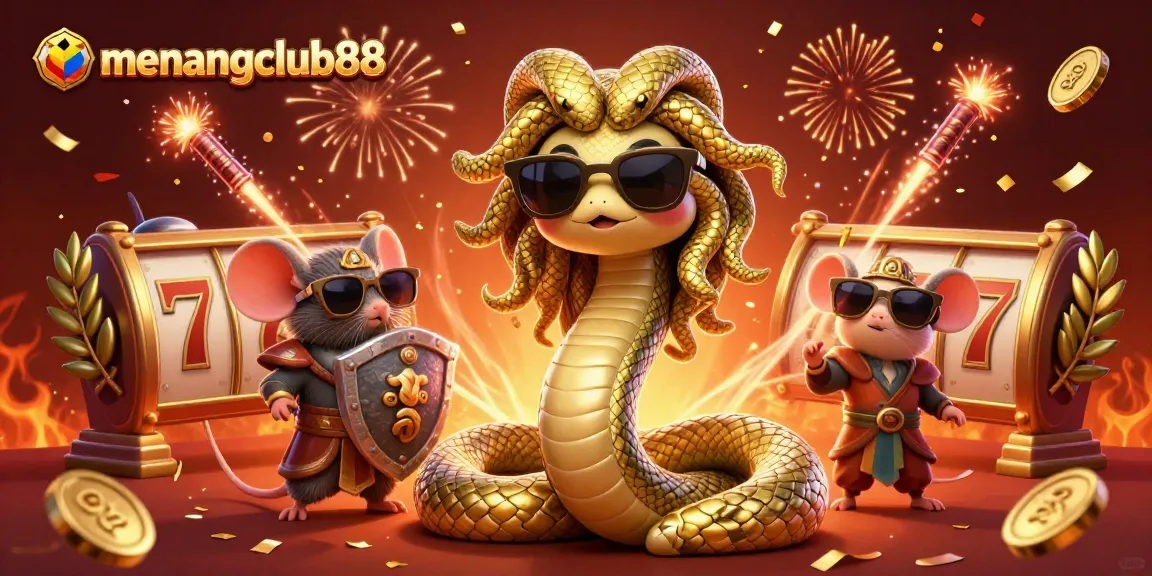 Experience winnings with menangclub88 featuring Medusa and a warrior mouse amid vibrant casino elements.