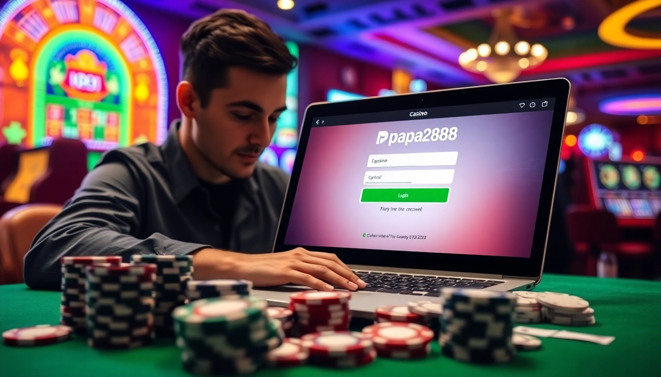 Masuk ke papa288 login dengan laptop dikelilingi chip poker dan kartu, suasana kasino yang cerah.