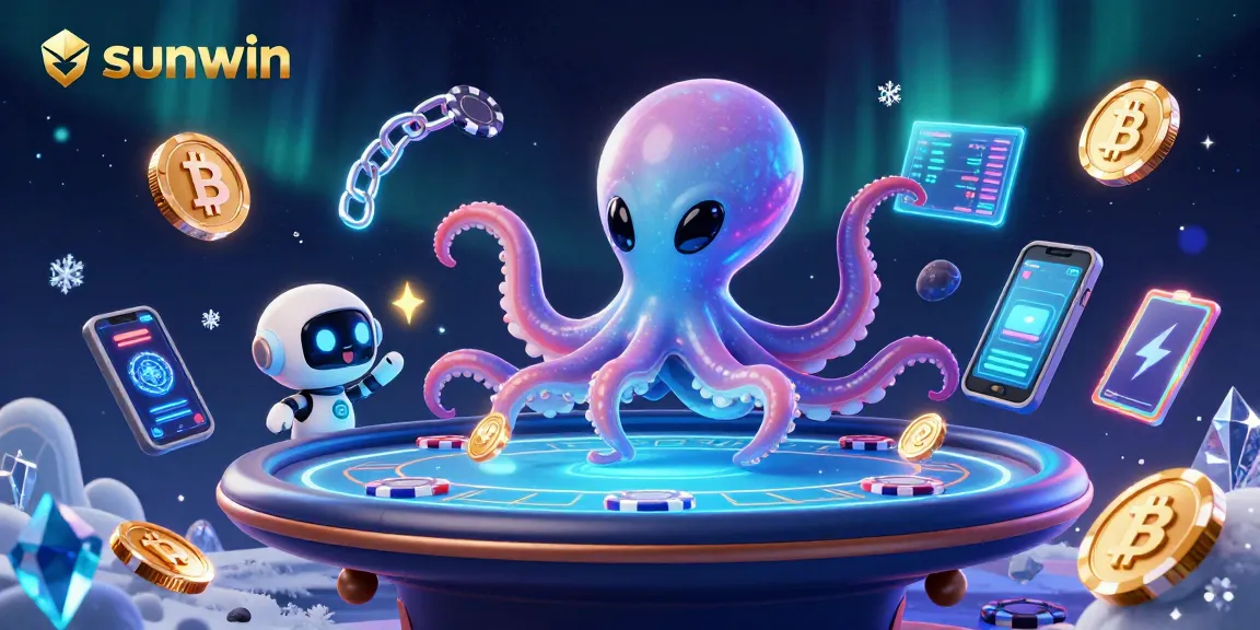 Win big at sunwin with an alien octopus and exciting cryptocurrency-themed poker illustration.