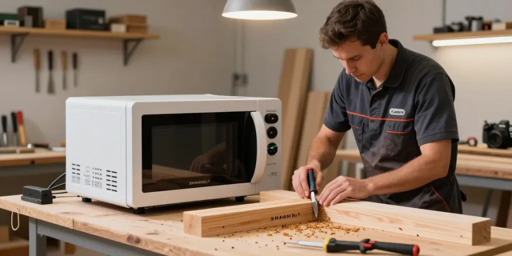SHASHEL® microwave equipment eliminating woodworms in a modern workshop.