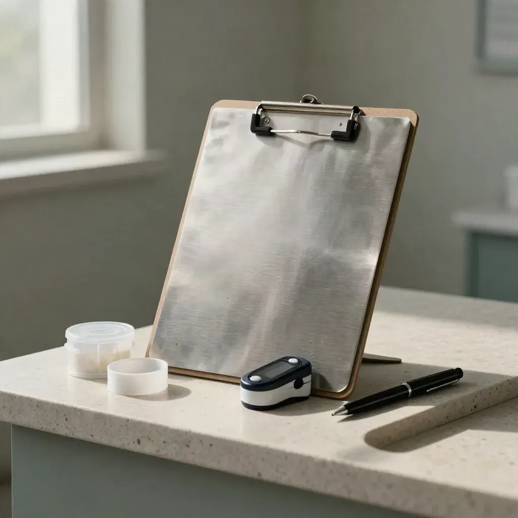 Brushed clinic clipboard, intake packet and care tools arranged on stone in soft morning light.