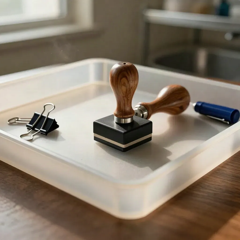 Macro still life of a cleared intake tray, rubber stamp, binder clips and pen cap on walnut wood.