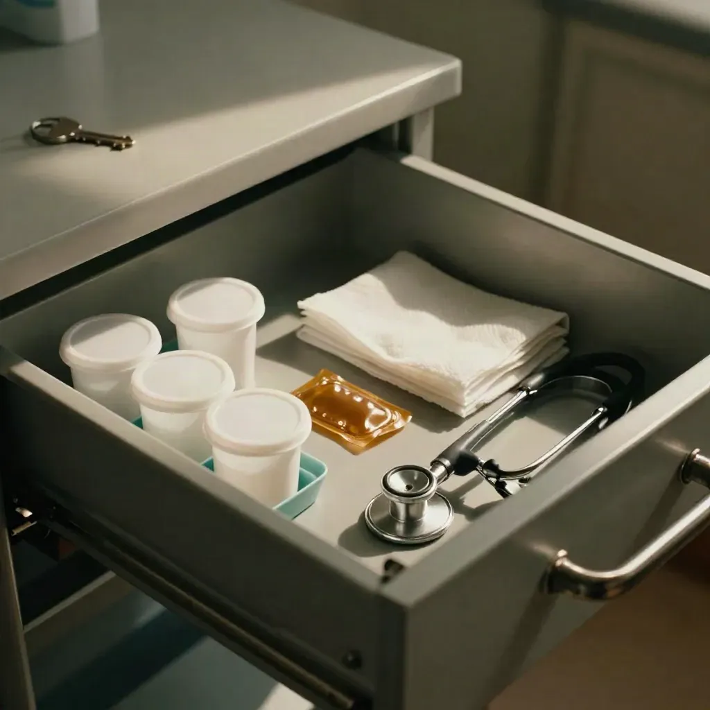 Open med-cart drawer with pill cups, blister strips, gauze, and a stethoscope on brushed steel.