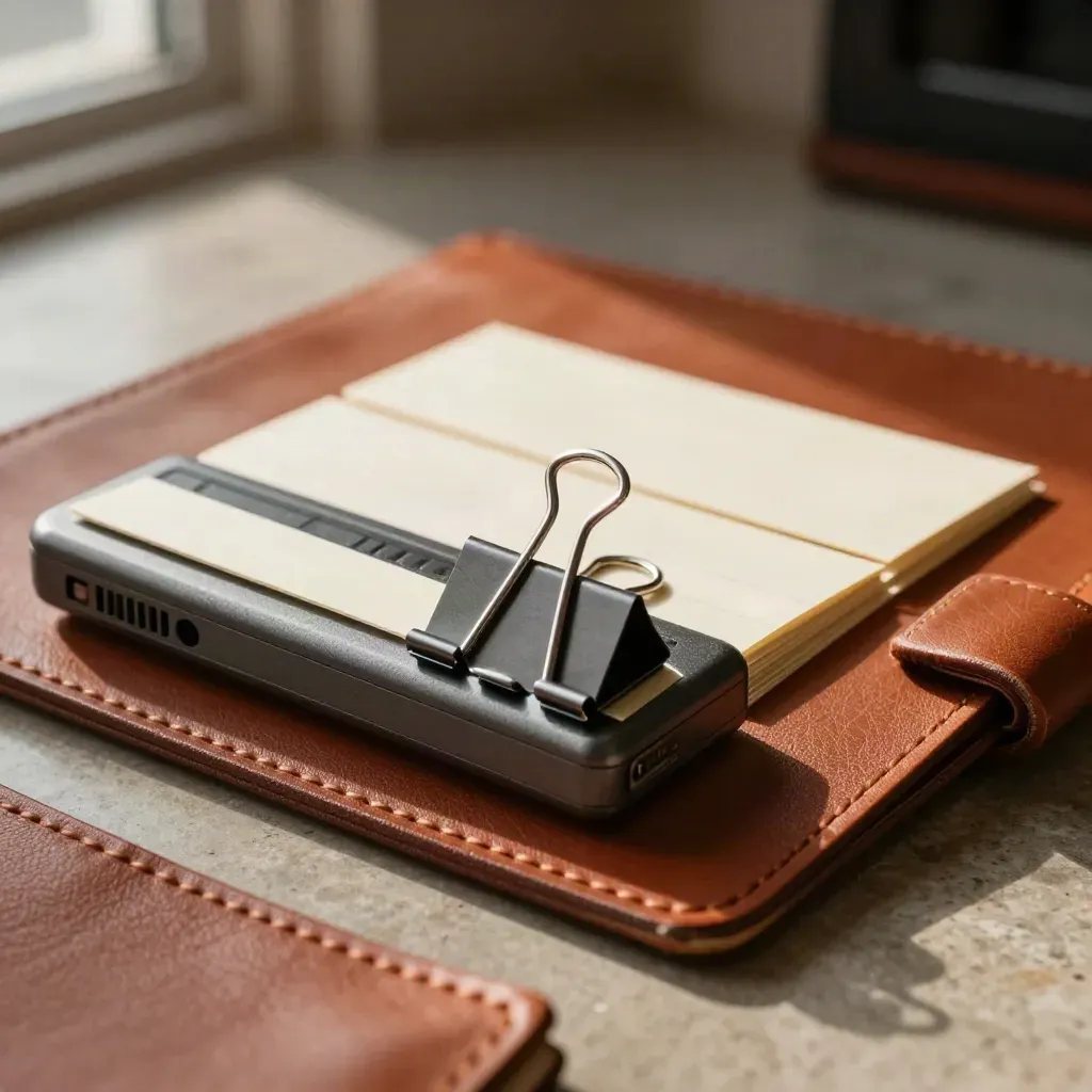 Pager, tab dividers, binder clips, and leather desk blotter in a close-up still life.