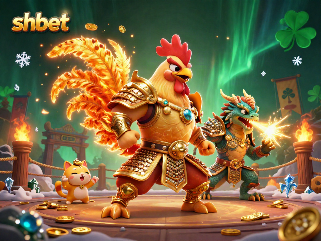 Engage in thrilling gameplay with shbet, featuring a fighting rooster warrior and dragon hatchling.