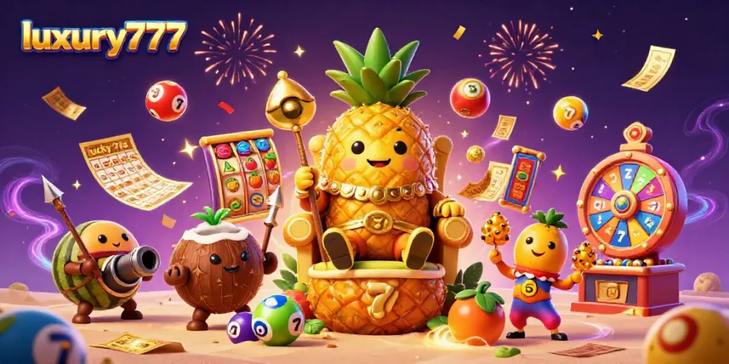 Experience the thrill of luxury777 with a vibrant casino scene featuring a golden pineapple king and thrilling game elements.