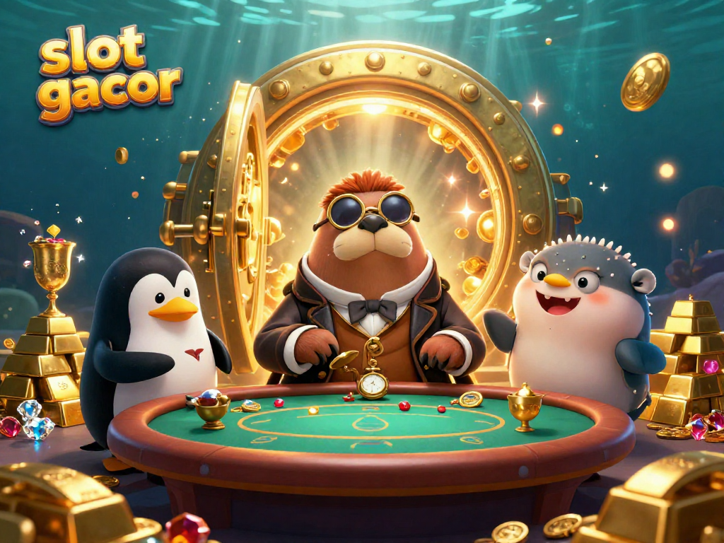Experience the excitement of slot thailand gacor with a jolly walrus and friends at an underwater casino table.