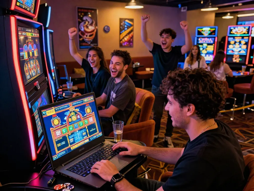 A lively gaming scene showcasing rutanslot on a laptop with friends celebrating wins in a vibrant digital casino.
