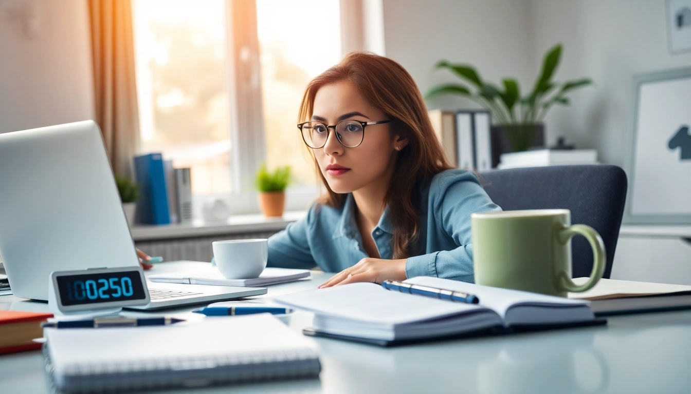 Achieve Peak Productivity with a focused individual in a bright workspace surrounded by productivity tools.