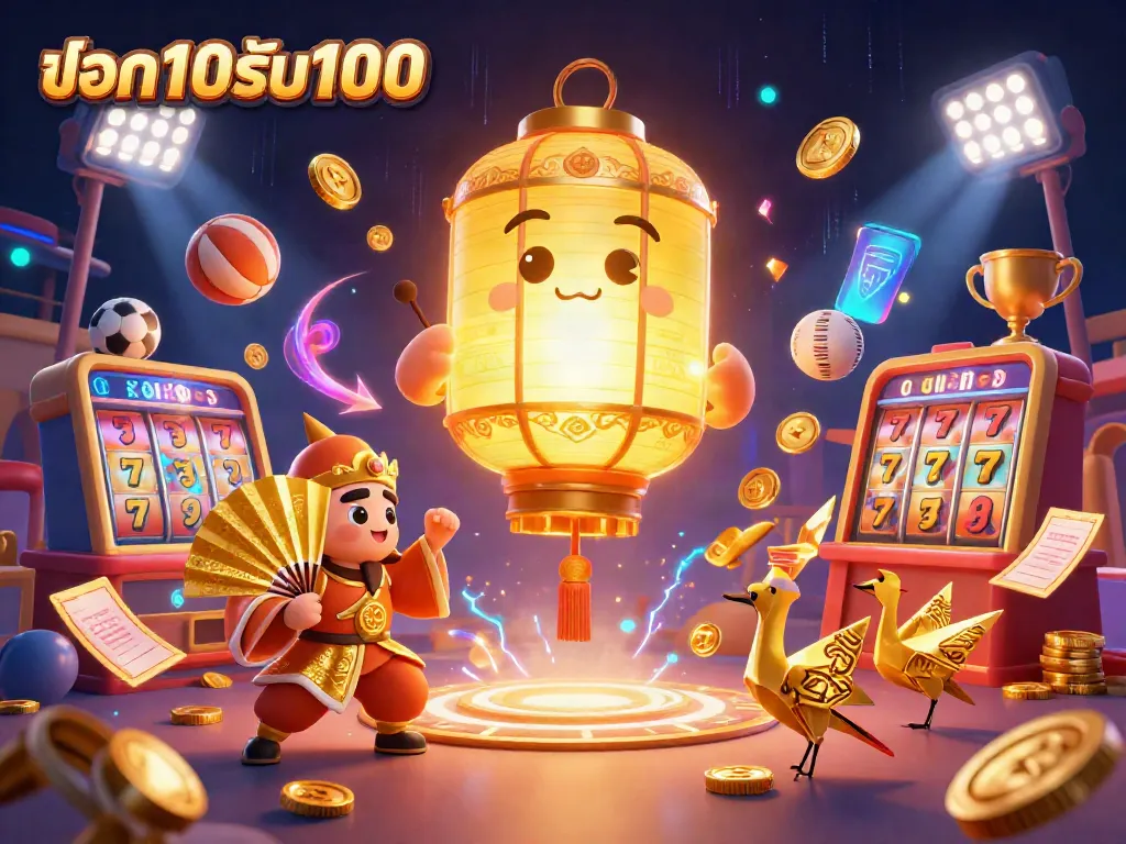 ภาพโปรโมชั่น ฝาก10รับ100 ที่มีสัญลักษณ์คาสิโนและตัวละครลอยอยู่ในพื้นหลังมีมิติ