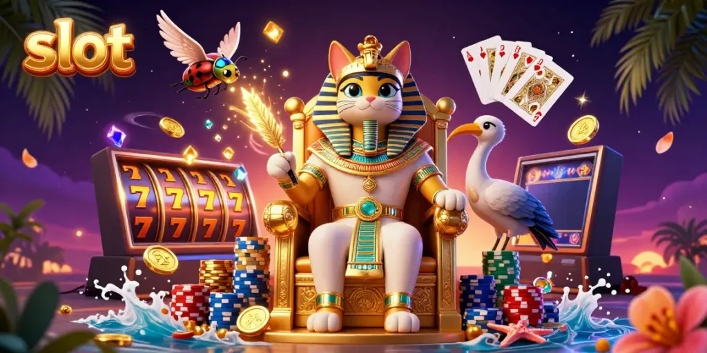 Slot bertema kasino dengan karakter kucing firaun dan elemen permainan menarik.