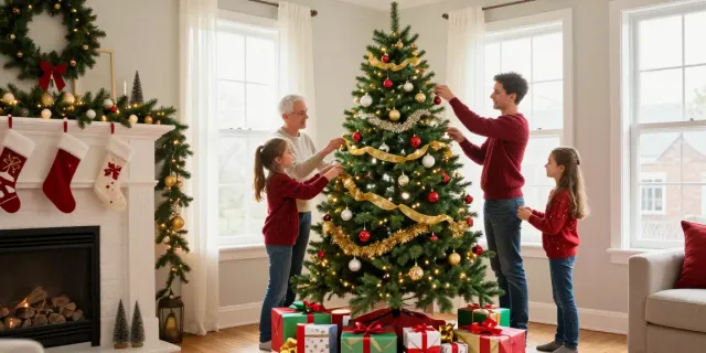 Cozy living room with a decorated slim Christmas tree during the holidays.