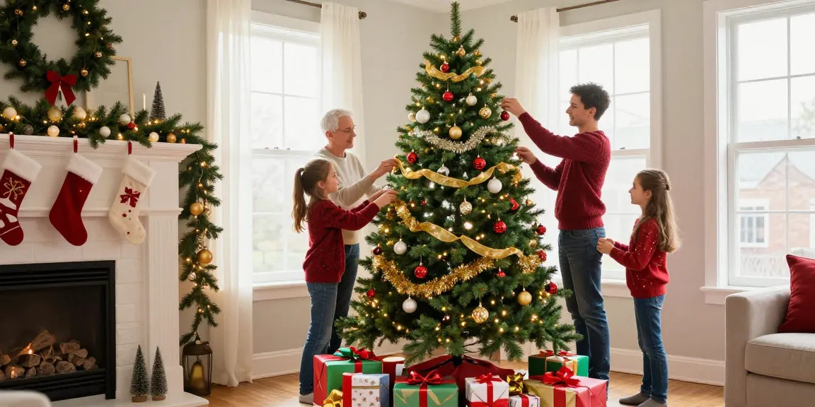 Cozy living room with a decorated slim Christmas tree during the holidays.