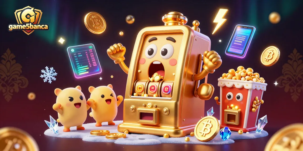 game5banca celebrates winning slots with a golden machine hitting the jackpot, surrounded by crypto coins and vibrant visuals