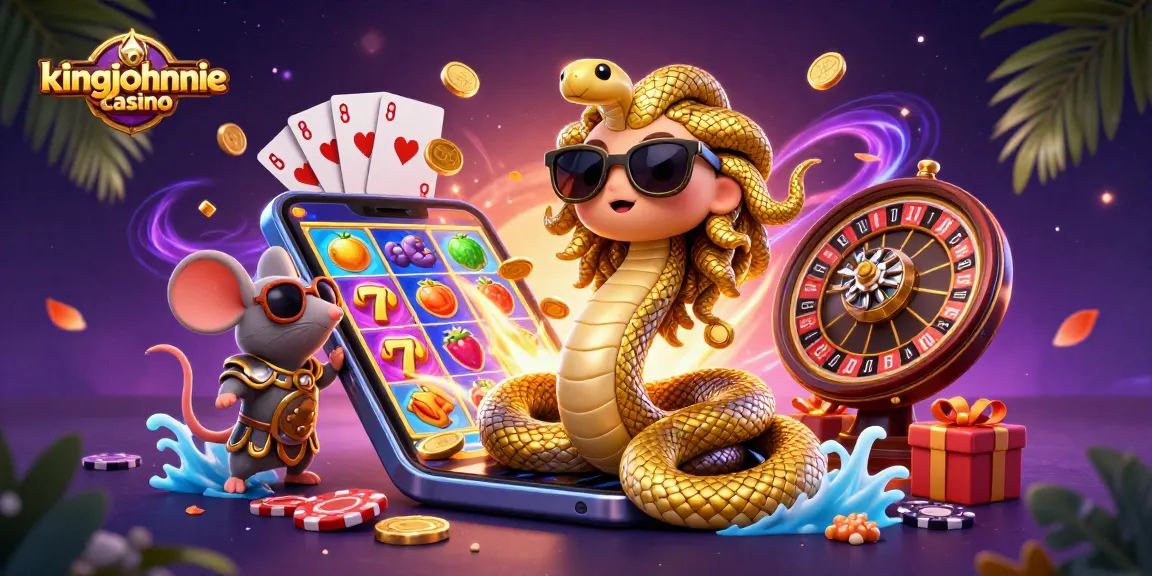 Experience the excitement of kingjohnnie casino with a vibrant 3D illustration featuring Medusa and game elements.