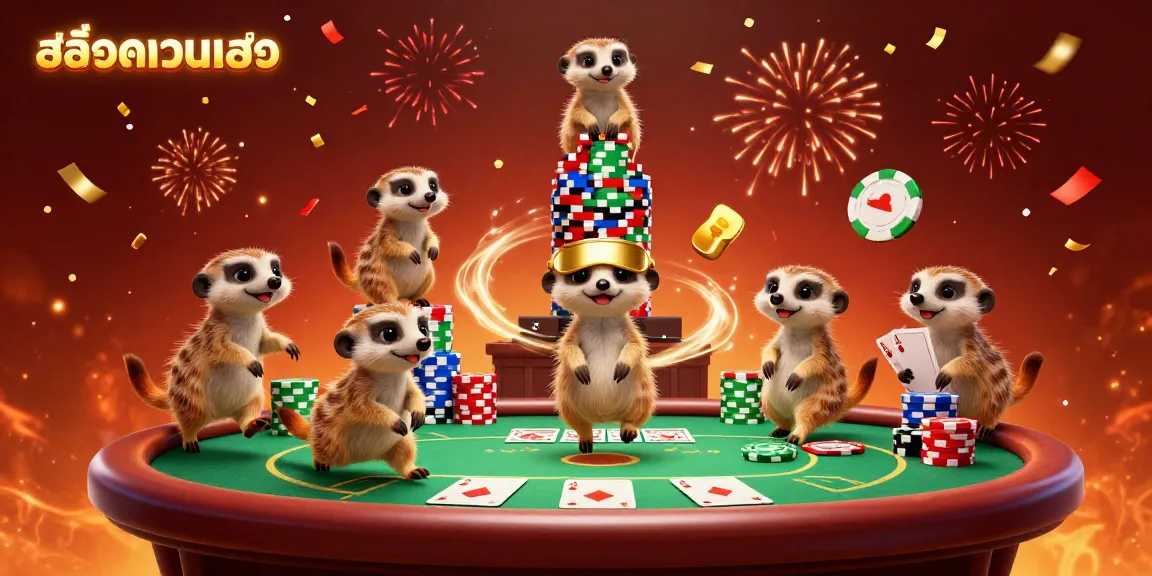 Meerkats orchestrate an exciting casino scene, showcasing สล็อตเว็บตรง with dynamic casino elements.