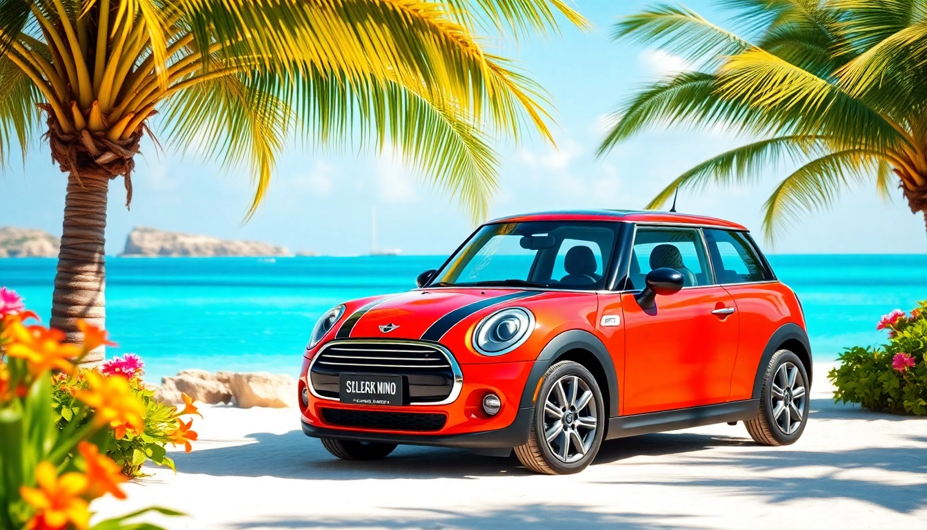 Rent Mini Cooper St Barts parked near stunning beach and palm trees.