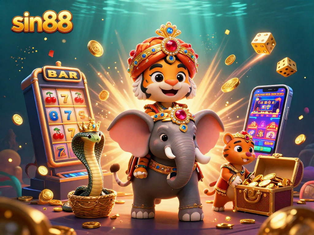 Experience the rich world of sin88 with a vibrant scene featuring a maharaja riding an elephant among jackpot symbols and casino elements.