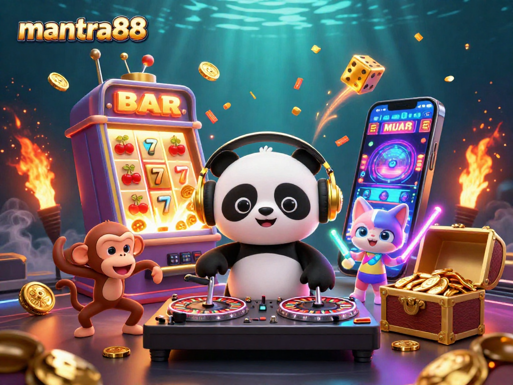 Experience the thrill of mantra88 with a lively 3D casino party featuring DJ panda and energetic characters.