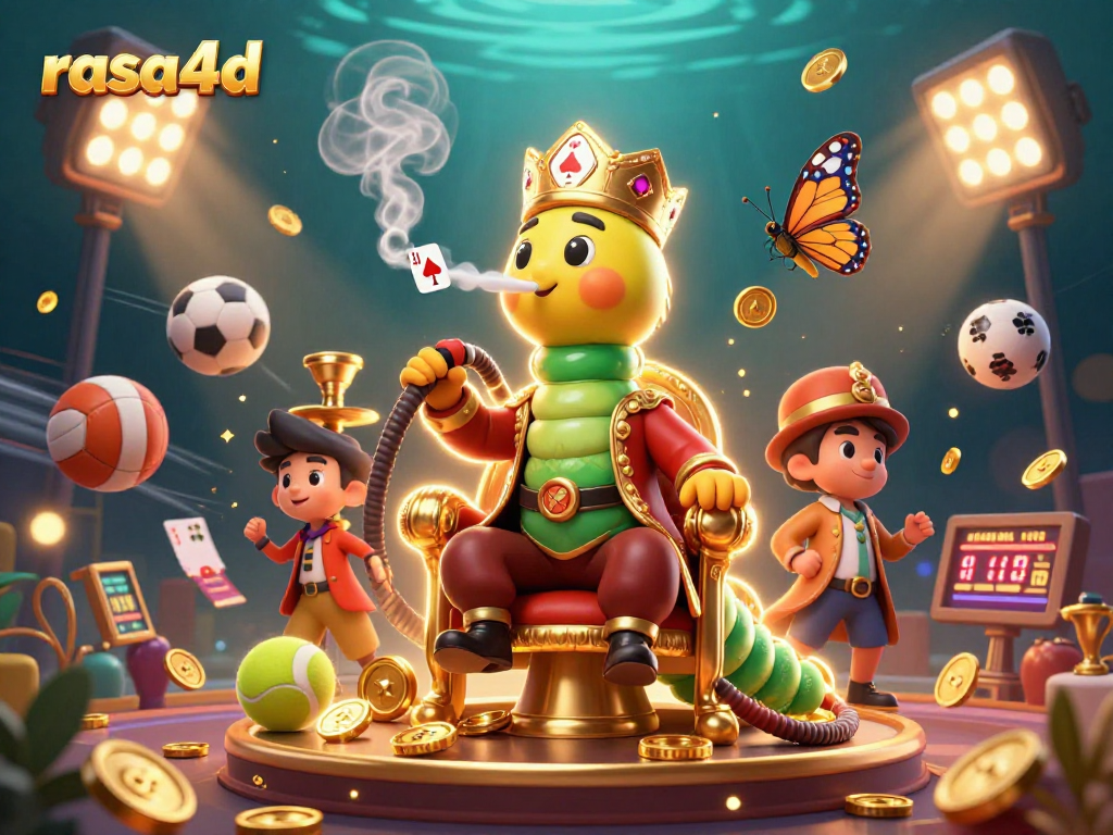 Menggandeng rasa4d, ilustrasi 3D karnaval dengan makhluk kartun dan elemen permainan yang ceria dalam suasana kasino.