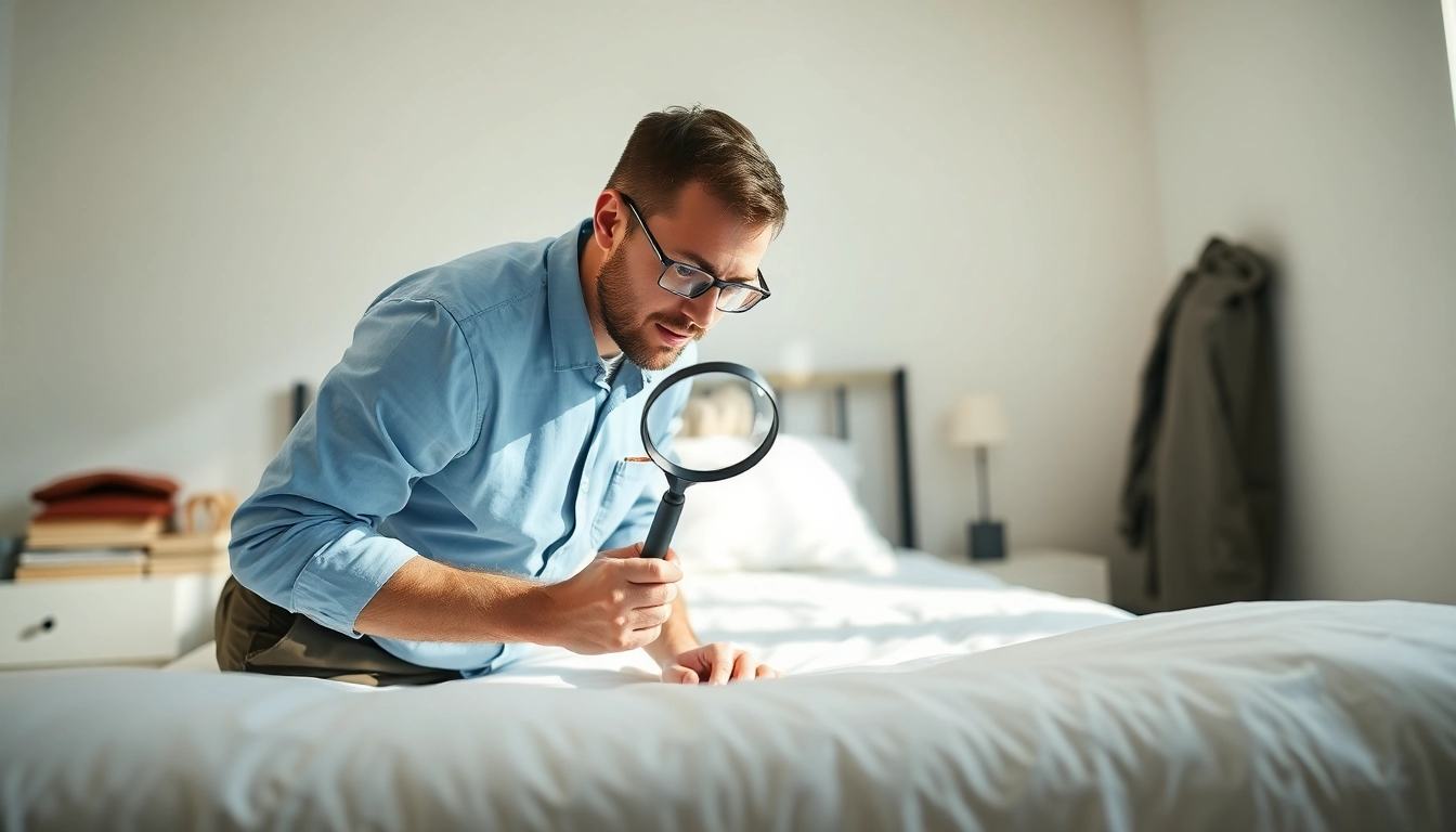 Engaging scene of pest control expert conducting bed bug control in a bedroom.