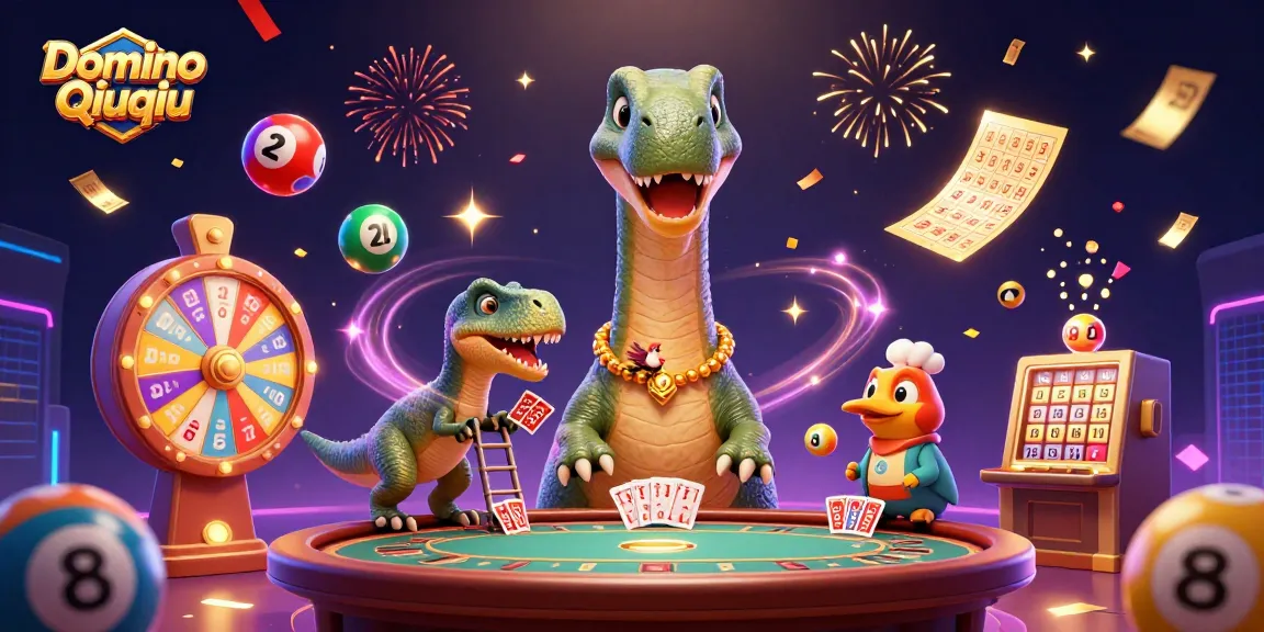Engage in Domino Qiuqiu excitement with a lively illustration depicting a brontosaurus and dealer in a casino.