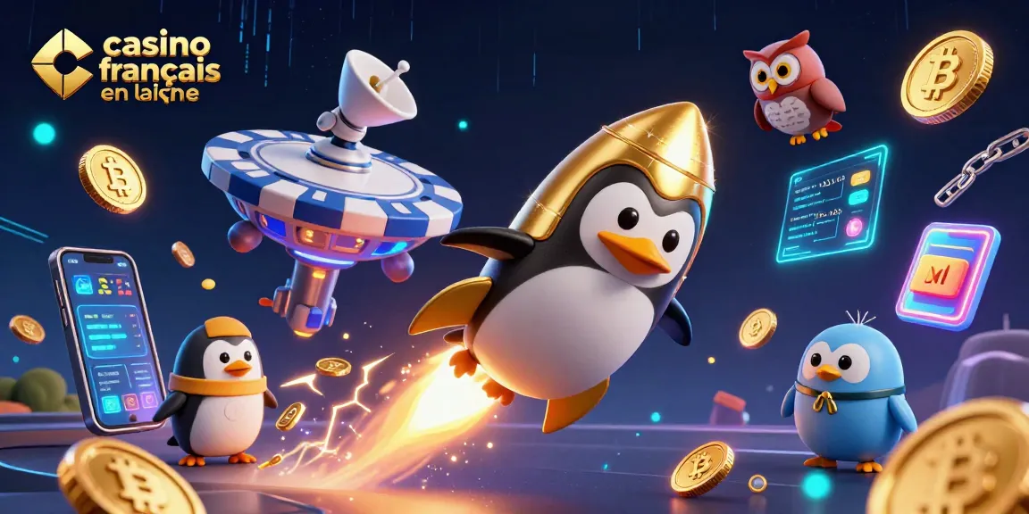 Pariez sur le casino français en ligne avec un pingouin doré propulsé par une fusée au milieu des pièces d'or.