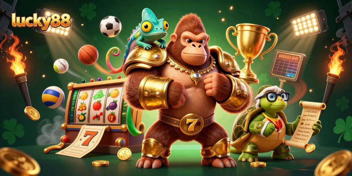 Engage with lucky88 through a thrilling scene of a powerful gorilla, colorful chameleon, and wise tortoise in a lively casino environment.