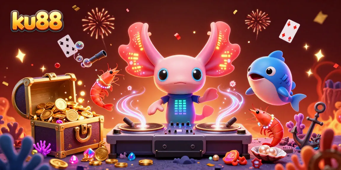 Engage with ku88’s thrilling gaming scene featuring a neon axolotl DJ and vibrant aquatic characters.