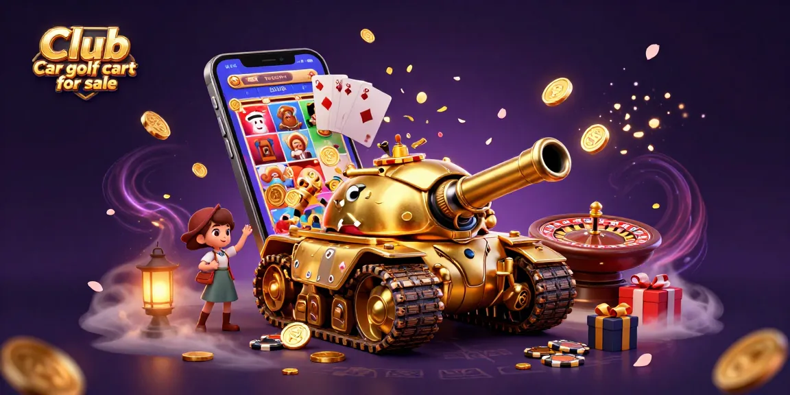 Engage with the vibrant scene of a Club Car golf cart for sale, featuring golden casino elements, slot games, and festive details.