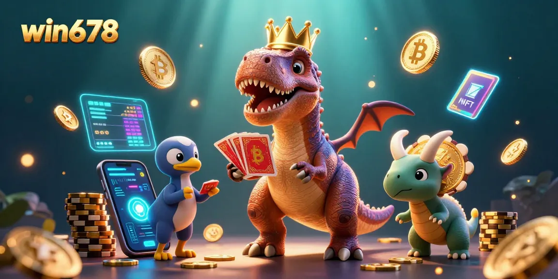 Experience the excitement of win678 with vibrant characters and glowing crypto elements in a lively casino scene.