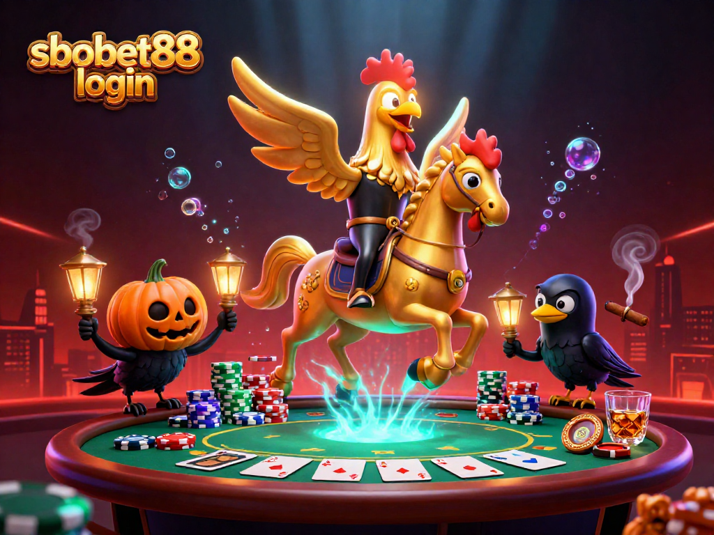 Bet on sbobet88 login with golden rooster character in a vibrant casino illustration.