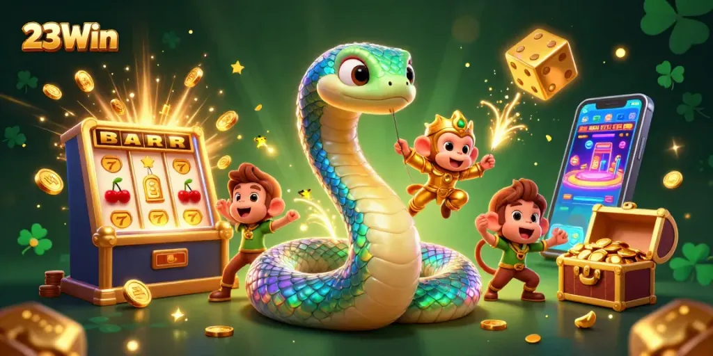 Experience thrilling gameplay at 23Win with a colorful casino adventure scene filled with vibrant characters and jackpot action.