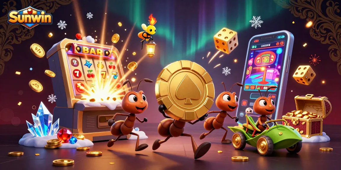 Experience an exhilarating heist as ants carry a giant poker chip in a vibrant Sunwin casino scene.