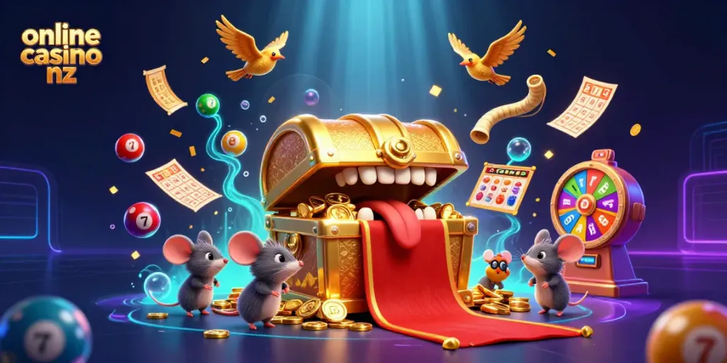 Engage with online casino nz excitement through vibrant slot reels, golden treasure chests, and colorful lottery elements.